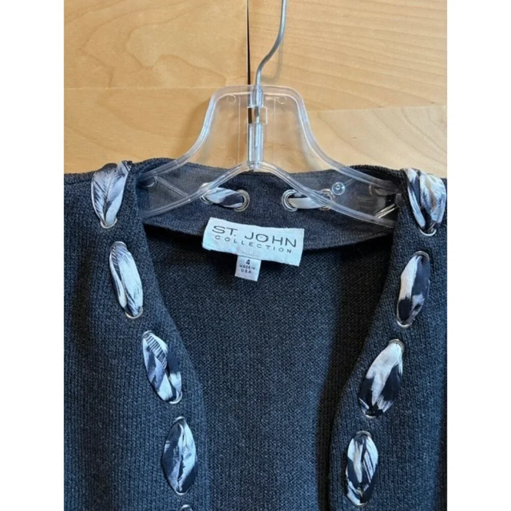 LIKE NEW St. John Collection Silk Ribbon Trimmed Charcoal Knit Jacket, Size: 4 - Picture 2 of 5